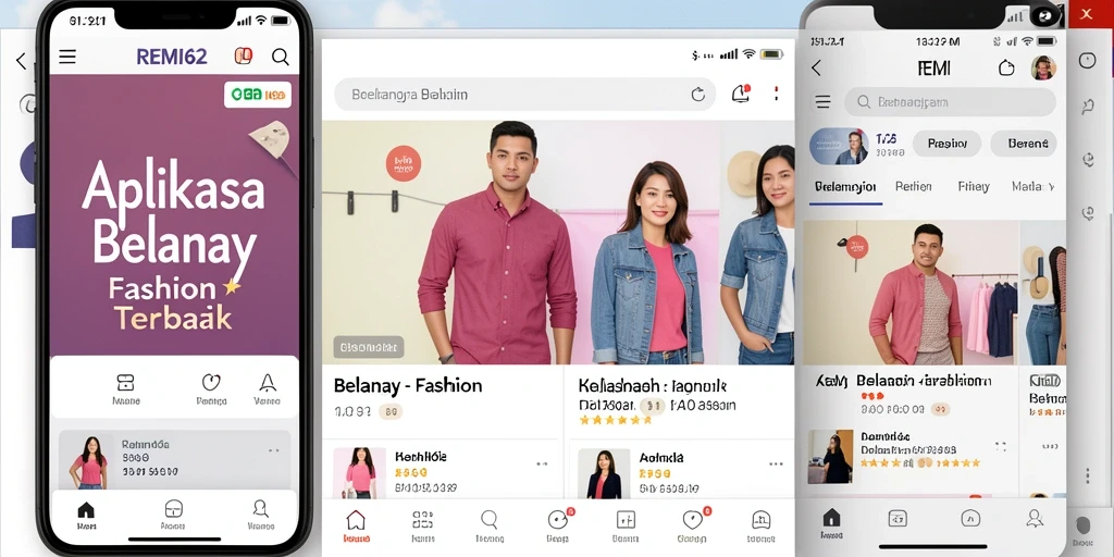 Antarmuka pengguna aplikasi REMI62 menampilkan berbagai produk fashion.